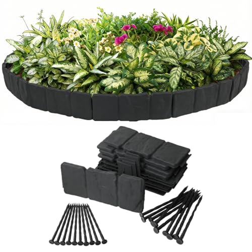 Landscape Edging 20pcs, 4 Inch Tall Faux Stone Edging, Plastic Garden Border (Total 16FT) for Flowerbeds, Yard, Sideway, 20pcs Anchoring Spikes, Black