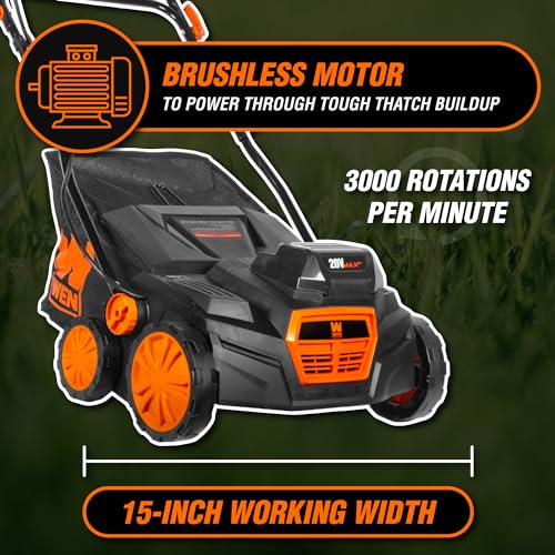 Image of WEN 20V Max Cordless 15-Inch 2-in-1 Brushless Electric Dethatcher and Scarifier with Collection Bag, Two 4.0 Ah Batteries, and Dual-Port Charger (20716)