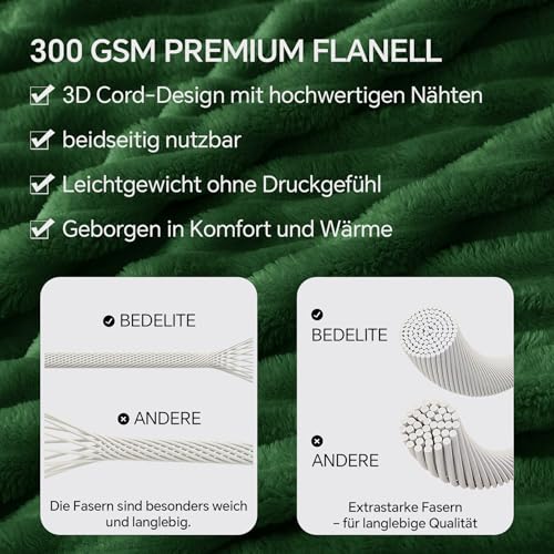 BEDELITE Kuscheldecke Flauschig Decke 150x200 - weiche XL Flanell Decken Grün für Couch, Deko Streifen Cord Fleecedecke Dunkelgrün als Couch Überwurf für Wohnzimmer, Twin Blanket Wide Use 4