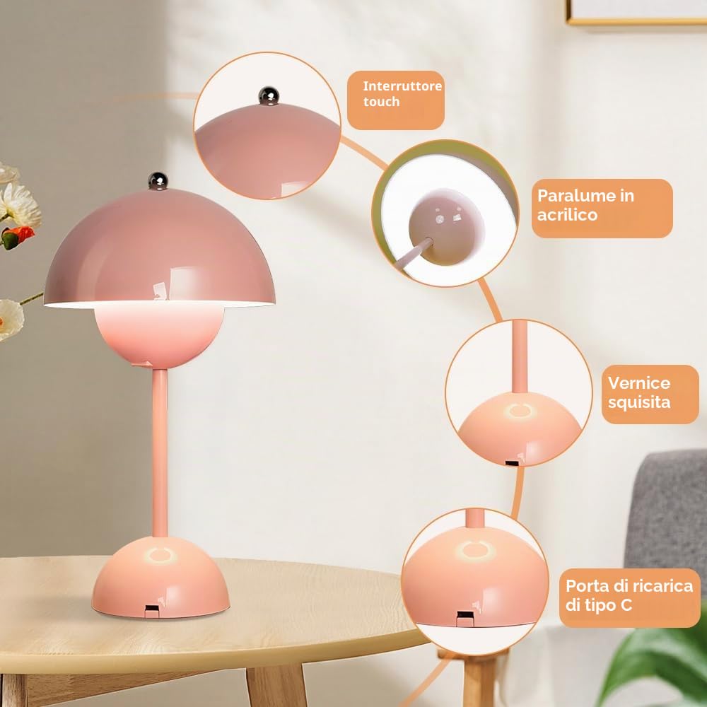 Flowerpot - Lampada a forma di fungo, senza fili con 3 colori chiari, touch screen, ricarica USB, lampada da tavolo Flowerpot per camera da letto, ufficio, bar (rosa)