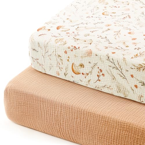 Image of GRSSDER 100% Cotton Muslin Crib Sheet 2 Pack - Breathable & Ultra-Soft Fitted Crib Sheets for Standard Baby & Toddler Mattresses, 52 inchx28 inch with 9 inch Deep Pocket, Snug Fit All-Around Elastic