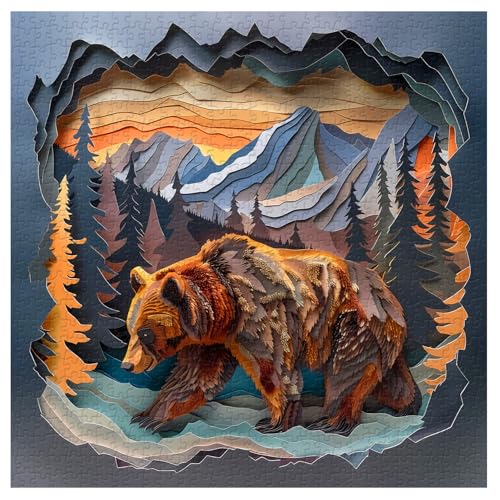 Puzzles de oso animal para adultos 1000 piezas, rompecabezas difíciles de cortar en papel, naturaleza planta bosque montaña como decoración de hogar miniatura 2