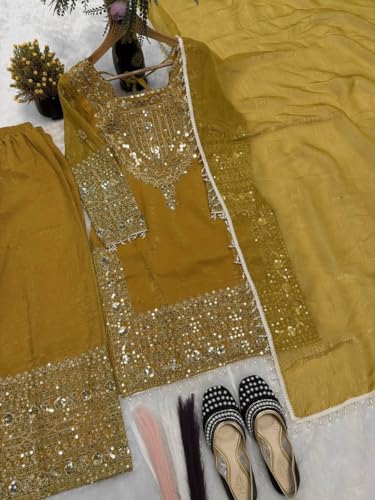 Image of PERFECT CHOICE WOMEN'S Heavy Natural Crep Silk Stitched Ethnic Salwar Kameez - Long Kurti with Embroidered Sleeves, Party & Festival Wear (SF251-ve115 Black1 XXL)