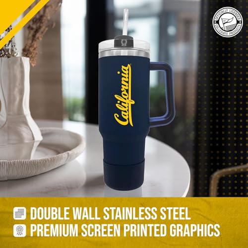 Image of Campus Colors College & University 40 oz Travel Tumbler With Handle - Dual Option Lid With Straw - Vacuum Insulated Stainless Steel (Cal Golden Bears - Navy)