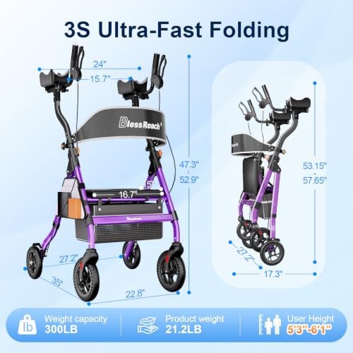 Image of BlessReach Heavy Duty Upright Rollator Walker for Seniors with Seat, Purple