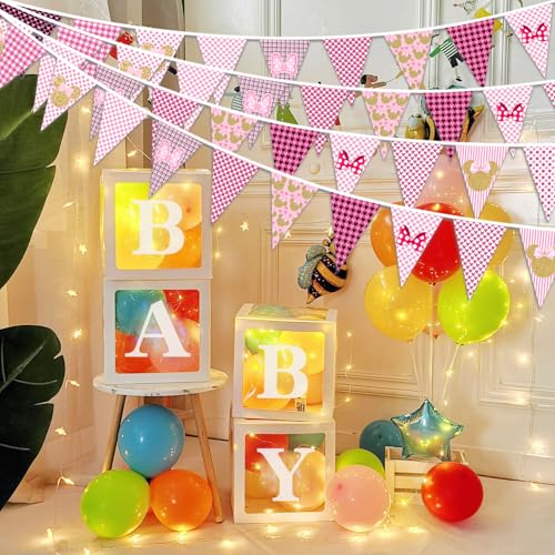 Image of Dis-ney Iconic Minnie Banner Birthday Party Decorations Pink Mouse Bday Banner for Girls, Pink And Gold Minnie Themed Mouse Inspired Happy Bday Decors, Bday Party Yard Sign
