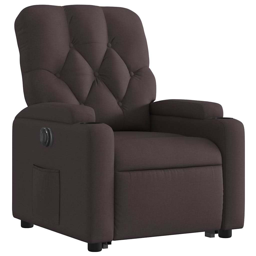 Sillón elevador eléctrico reclinable de tela marrón oscuro con motor para elevación y función reclinable automática a 135 grados, cómodo y estable