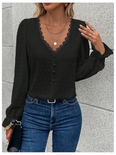 WDIRARA Women's Swiss Dots Lace Trim Blouse V Neck Long Sleeve Top3