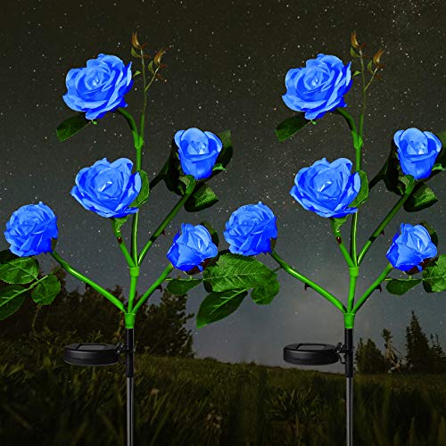 HeyMate Solar Lights Outdoor 2 Pack Solar Blue Rose Lights with 10 Rose Flowers Waterproof Solar Garden Decorative Lights for Garden,Patio,Backyard,Pathway,Christmas,Xmas Decorations