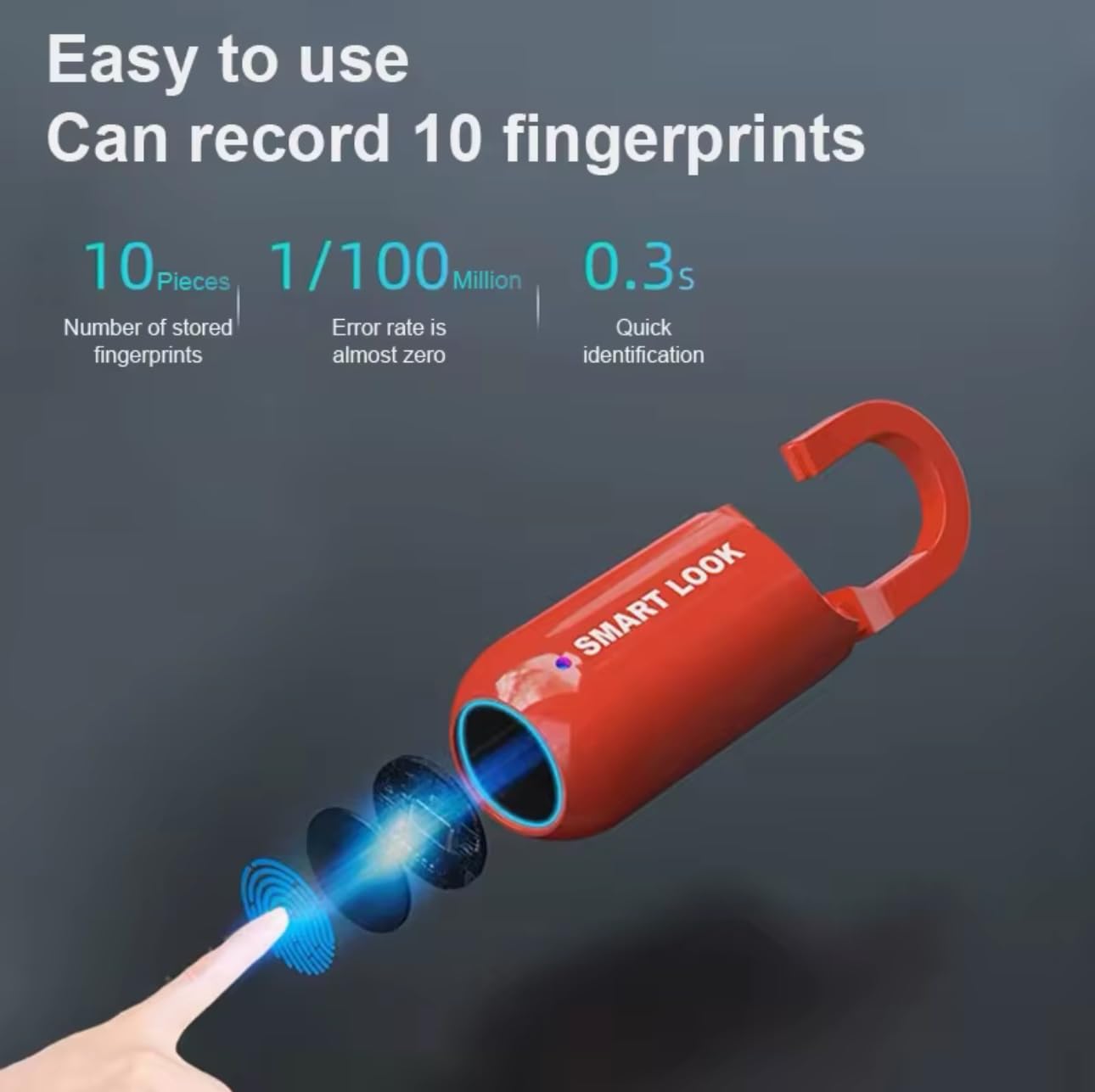 cadena à empreinte digitale, verrou biométrique étanche et rechargeable USB, mémorise 10 empreintes,pour casier d'école, valise, bagage, salle de sport, armoire professionnelle, porte en fer (ROUGE)