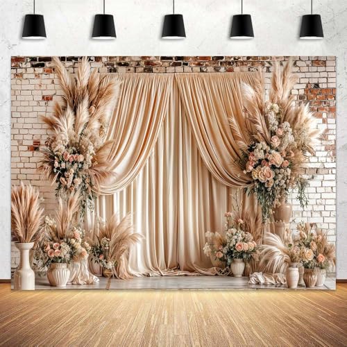 10X8ft Boho Floral Wedding Backdrop Wall Background Photography Beige Vintage Flowers Backdrops for Parties Wedding, Girls Birthday Princess Weeding Bridal Shower Floral Anniversary Ceremony Decor