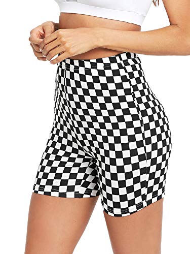 HUILAN Women's Checkered Bike Shorts Active Leggings Black S