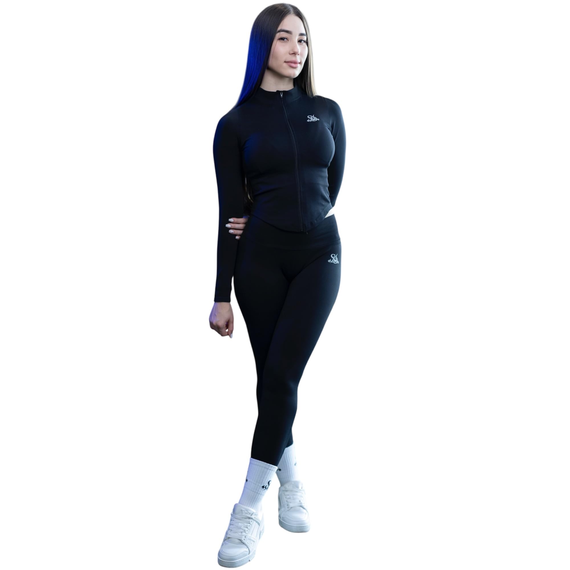 Womens Athletic Tracksuit Set Black Full Zip Jacket with Leggings High Stretch Performance Blend Form Fitting