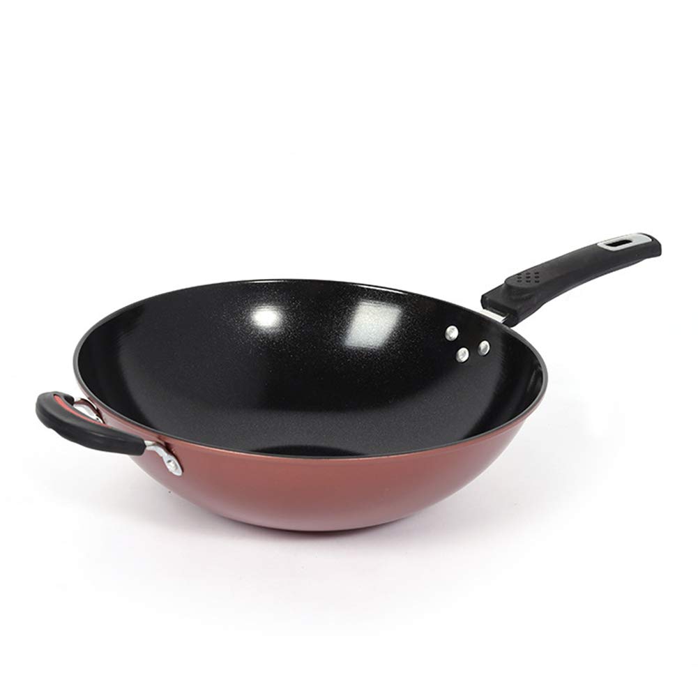Acero Carbono Wok Fondo Plano, Woks Y Sartenes Woks Hechos A Mano/Mango De Plástico De Fondo Plano Utensilios De Cocina Antiadherentes, Rojo,34cm(13.4")
