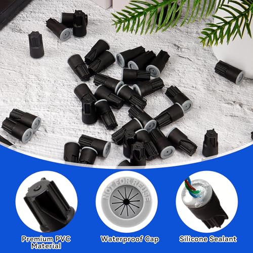 40 Pcs Electrical Wire Seal Nuts, Black 22AWG-14AWG Waterproof Wire Nuts Caps, Outdoor Electrical Connector for Wet Location Installation Landscape Light Building Application