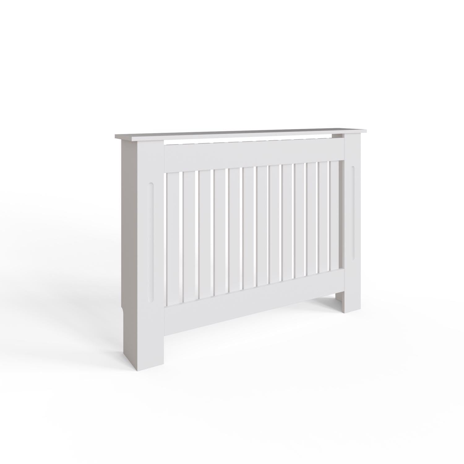 FWStyle Vertical Slat Medium MDF White Radiator Cover – Decorative Heater Cabinet with Shelf – Modern Vertical Slat Design, Efficient Heat Flow, Curved Skirting Cut-Out – 82.3H x 112W x 19D cm
