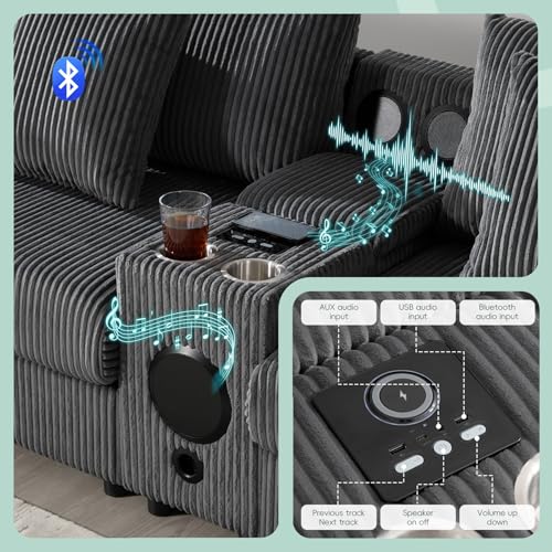 Image of Merax 6 Seater Corduroy Sectional Modular Couch Sofa w /Bluetooth Speakers, U Shaped Deep Seat Cloud Comfy Couches Sofa w /Console, USB Charger, Cup Holders, Storage, Ottoman Chaise for Living Room