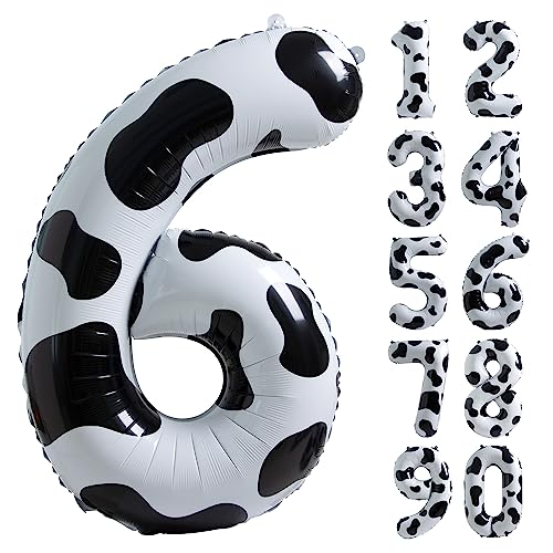 Image of Cow Print Number 6 Balloon, Large 40 Inch Cow Number Birthday Balloons | Helium Foil Mylar Balloon Cow Themed Birthday Party Decorations | Farm Barn Decor for kids,Girl,Boy