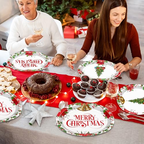 QZYL 50 PCS Oval Christmas Paper Plates, 12.2" x 10.2" Disposable Xmas Trees Paper Plates, Holly Leaf Platters Christmas Party Decorations, Tableware Set for Holiday Family New Year Party Dinnerware – Image 8