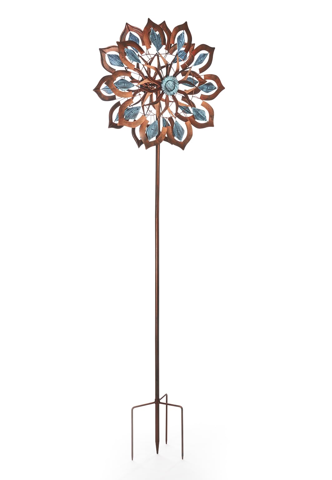 Kobolo Windrad Dekostecker Fiore | 61x23x213 cm | Metall | braun-blau | modernes Garten-Windspiel | XXL Metallwindrad für Gartendeko, Vorgarten & Outdoor-Dekoration | robuster Gartenstecker