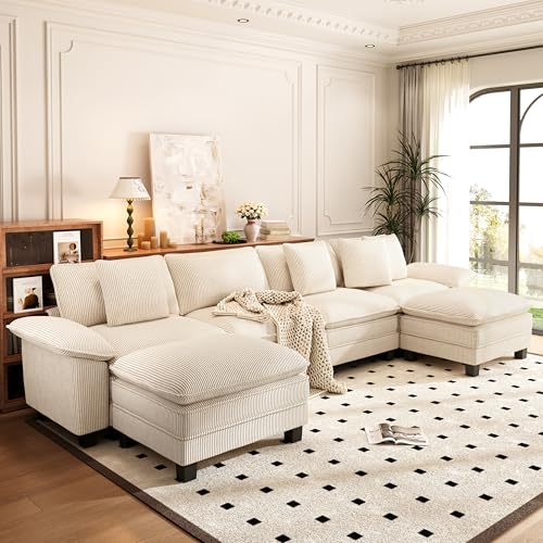 Image of PHI VILLA Cloud Modular Couch Sets, 157.5 inch Oversized Large Sectional Sofa with U-Shaped Chaise, 6-Seater Couches with Movable Ottomans for Living Room, Corduroy Beige