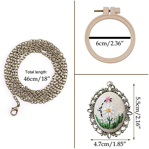 Image of levylisa Embroidery Beginner Kit 3 Patterns Embroidery Starter Kit with Hoop Embroidered Stitching Necklace Pendants Floral Plate Jewelry Necklace for DIY Art Crafts Sewing and Hanging(Type 2)