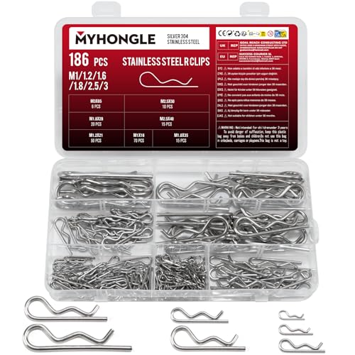 186 Stück Splinte Sortiment Edelstahl Sicherungssplinte Sortiment Edelstahl Federstecker Set Sicherungsstift R Splinte Sortiment Metallsplinte für Autos Wohnmobile und Gartengeräte