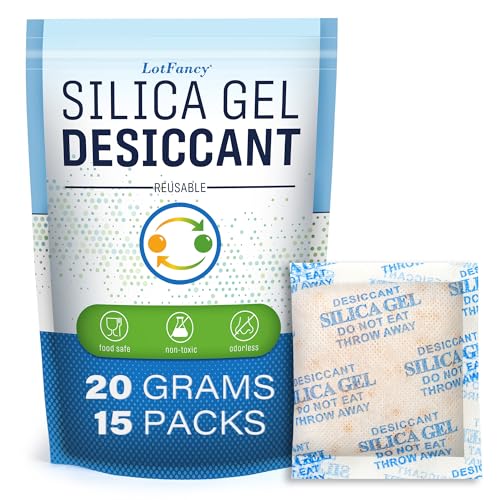 LotFancy 15 Packs 20Gram Silica Gel Desiccant Packets, Non-Toxic Food Safe Moisture Absorber Bag for Gun Camera Cabinet Closet Storage, Pet Food Desiccant, Odorless