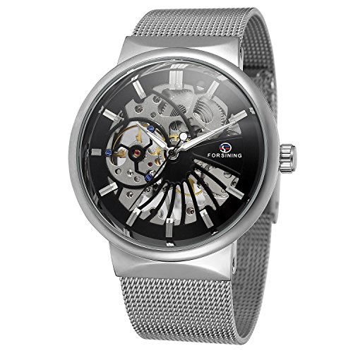 Image of FORSINING Men's Popular Mechanical Hand-Wind Ultra Thin Stainless Steel Bracelet Mesh Skeleton Watch