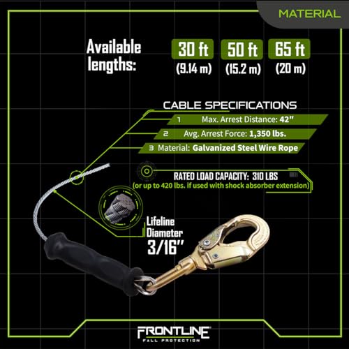 Image of Frontline RPGC 30 Ft Cable Single Leg SRL with Steel Snap Hook End | Ergonomic Carry Handle & Tagline | High Strength, Corrosion-Resistant | 310 lbs Capacity | ANSI & OSHA Compliant