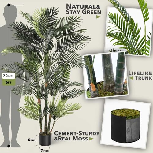 Image of Aveyas 6ft Artificial Golden Cane Palm Tree for Home Decor, 6 Feet Big Faux Plant Fake Silk Tropical Kentia Areca Trees with Pot for Indoor Outdoor Interior House Living Room (6 ft Tall)
