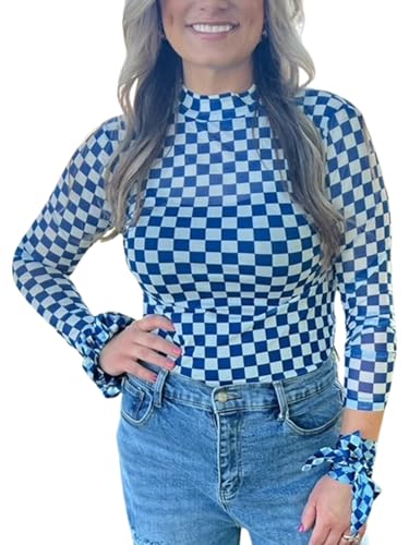 ChiyeeKiss Womens Pep Rally Checkered Mesh Shirt Game Day Spirit Sheer Tshirt Mock Neck Long Sleeves Bodycon Pullover Tops(0642-Blue-M)