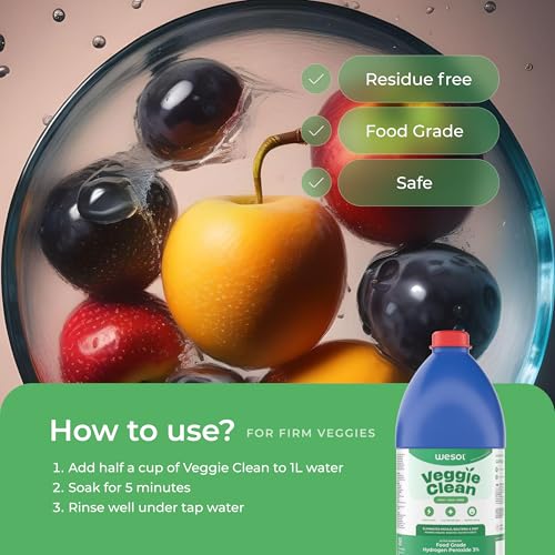 Image of Wesol Veggie Clean Food Grade Hydrogen Peroxide 3% Vegetable and Fruit Wash Liquid, 1L, Surface Disinfectant, Eliminates Mould Bacteria and Dirt