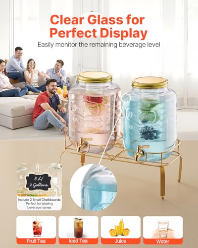 Image of VEVOR Beverage Dispenser, 2 Pack 2 Gallon Drink Dispensers for Parties, Glass Juice Dispenser with Metal Stand, Stainless Steel Spigot, Infuser, Iced Tea Lemonade Juice Water Dispensers for Parties
