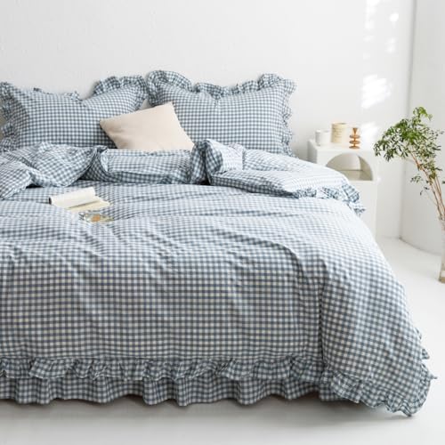 Image of mixinni Blue White Gingham Ruffle Duvet Cover Queen Size 3 Pieces - 100% Washed Cotton, Vintage Plaid Ruffled Bedding Set with Zipper Ties, Soft Checkered Grid Farmhouse Chic Comforter Cover Set