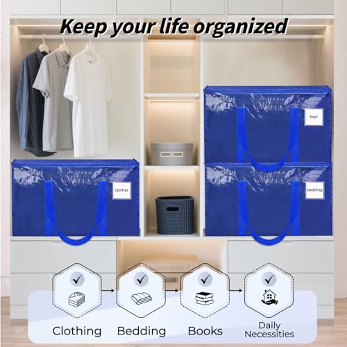 Image of 8 Pack Extra Large Heavy Duty Moving Bags, Blue Storage Bins with Lids, Reinforced Handles & Heavy-Duty Zippers Moving Boxes Storage Bags Totes for Clothes Packing, Dorms, College Supplies, Blue
