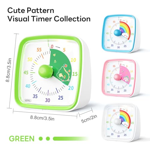 Image of Yunbaoit Visual Timer with Night Light, 60-Minute Dinosaur Countdown Timer for Kids and Adults, Time Management Tool for Home, School, Kitchen, or Office (Green)