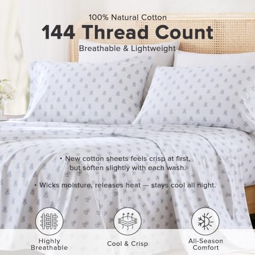 Image of Comfort Spaces 100% Cotton Percale Sheets Queen Size 4 Piece, Floral Blue