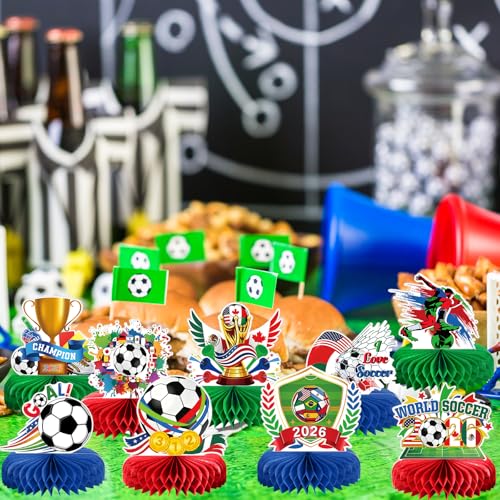 Image of 9pcs World Cup Soccer Decorations 2026, Soccer Sports Theme Honeycomb Centerpieces 3D Double Sided Table Decor Supplies for Football Sports Competition Party Decorations