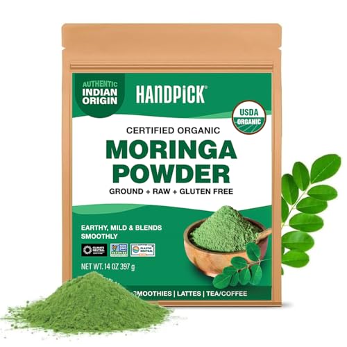 HANDPICK USDA Organic Moringa Powder (397g/14oz) Pure Moringa Oleifera Leaf Powder | Authentic Indian Origin | Gluten Free, Non-GMO | Perfect for Smoothies, Drinks, Tea & Recipes