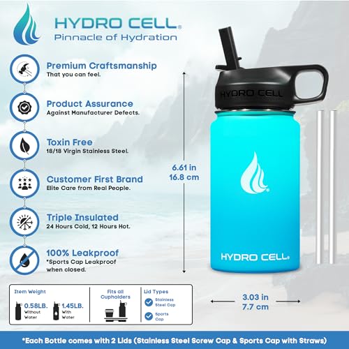 Image of HYDRO CELL Stainless Steel Insulated Water Bottle with Straw - For Cold & Hot Drinks - Metal Vacuum Flask with Screw Cap and Modern Leakproof Sport Thermos for Adults (Teal /Blue 14oz)