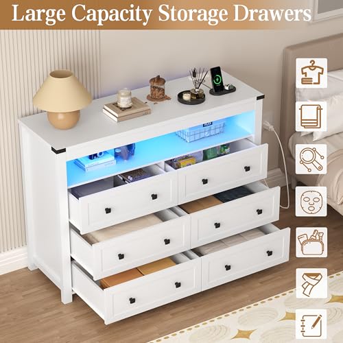 Image of Wodeer White Dresser 6 Drawer Dressers for Bedroom with LED Lights, Charging Station, Wood Chest of Drawers with Metal Handles, Modern TV Stand Storage Cabinet for Living Room, Hallway, Entryway
