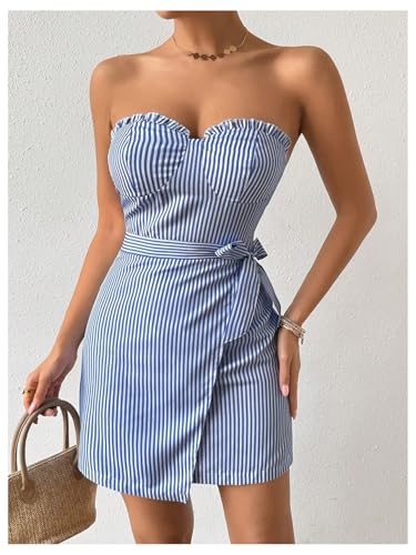 Floerns Women's Striped Frill Trim Tube Dress Strapless Wrap Front Belt Mini Dress4