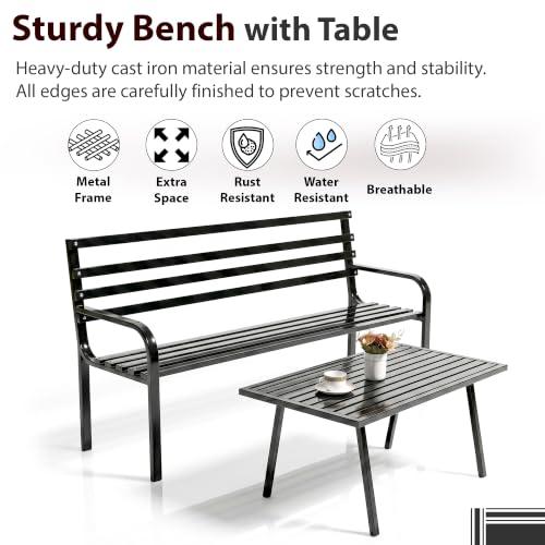 Image of BRISHI 3 Seater Metal Garden Bench with Center Table for Indoor & Outdoor Park /Patio /Living Room /Terrace /Balcony (Black)