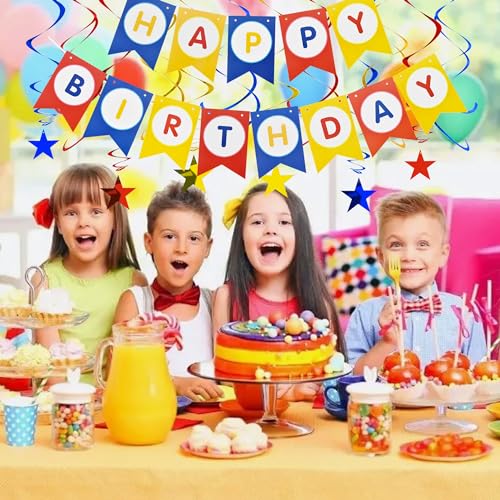 Image of BEISHIDA Red Blue Gold HAPPY BIRTHDAY Banner with 12pcs Red Blue Gold Stars Hanging Swirls Garland Party Decorations Sets for Birthday Party Supplies, Kids Girls Birthday Decorations