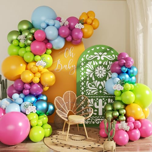 CROSSFINGERS Mexican Cinco de Mayo Fiesta Balloon Arch Kit 145pcs Rainbow Balloon Garland for Mexican Fiesta Party Decorations Luau Birthday Hawaii Tropical Carnival Baby Shower Birthday