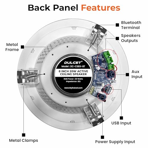 Image of DULCET DC-CS8X-BT White 8 inch 20W Full Range Active Bluetooth Ceiling Speaker with inbuilt Amplifier-Supports Upto 3 Passive Ceiling Speakers (Passive Speakers to be Purchased Separately)