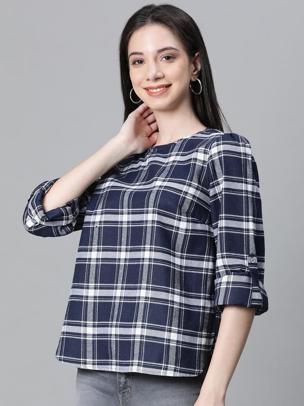 Image of oxolloxo Women Cotton Casual Tops | Regular Fit Checked Checked Round Neck |Regular Tops for Women |Navy Blue