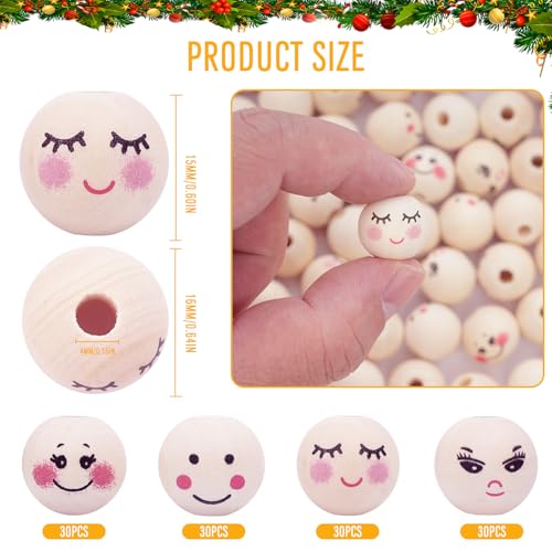 DLUSZERT 120PCS Smile Wooden Beads, 16MM Natural Wooden Beads with Angel Faces - Image 2