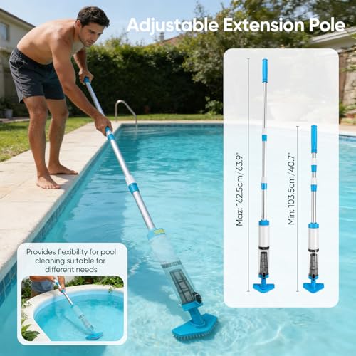 Miniatura 4 de Aspirador Piscina, Limpiafondos Piscina Recargable Con Potente Succión, Aspiradora Piscina Pértiga Telescópica De 103.5-162.5 Cm, Sensor Automático Y 3 Cabezales De Cepillo Para Spas, Jacuzzis